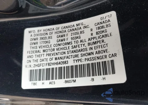 2017 Honda Civic Ex-L z USA, uszkodzony, nr VIN 2HGFC1F82HH640983